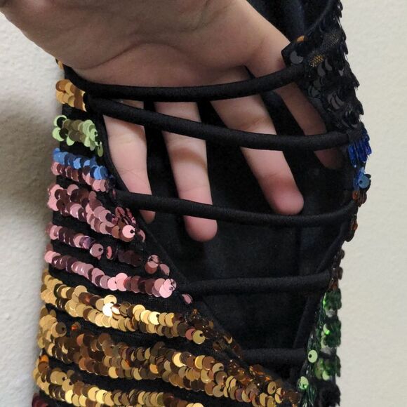 Privy High Neck Rainbow Sequin Mini Dress with Strap Side Cutouts - Picture 3 of 6